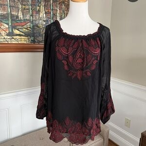 Joie Black and Red Embroidered Off-Shoulder Blouse PtP 20"